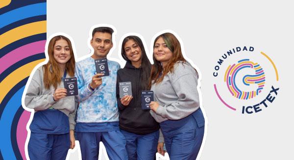imagen de estudiantes sonriendo y al lado el logo de Comunidad ICETEX