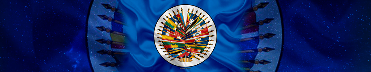 bandera de la OEA, con fondo azul y transparencias azules