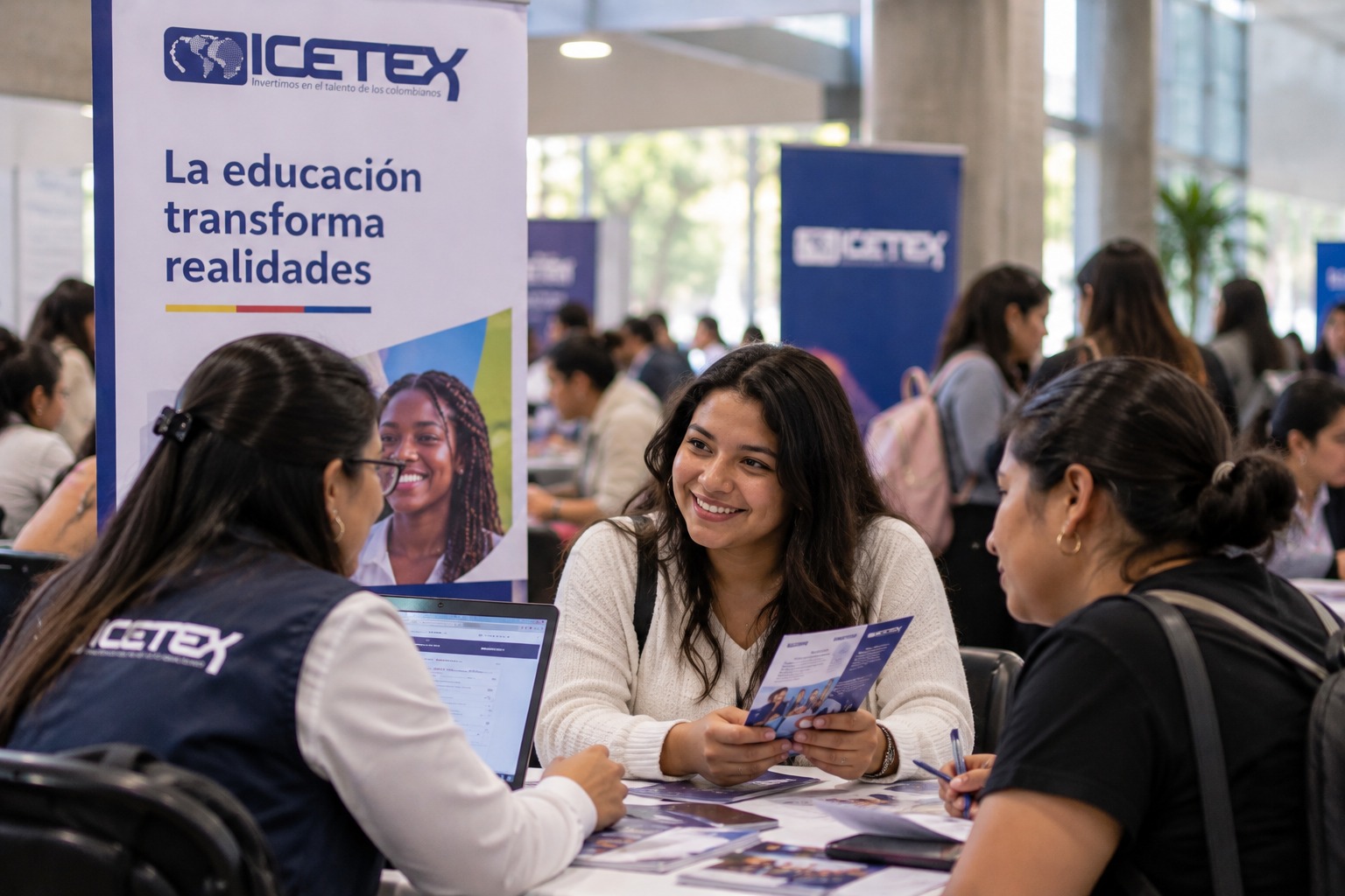 Imagen de estudiante preguntando en feria de ICETEX