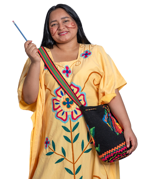 Mujer Wayuu señalando con un lapiz