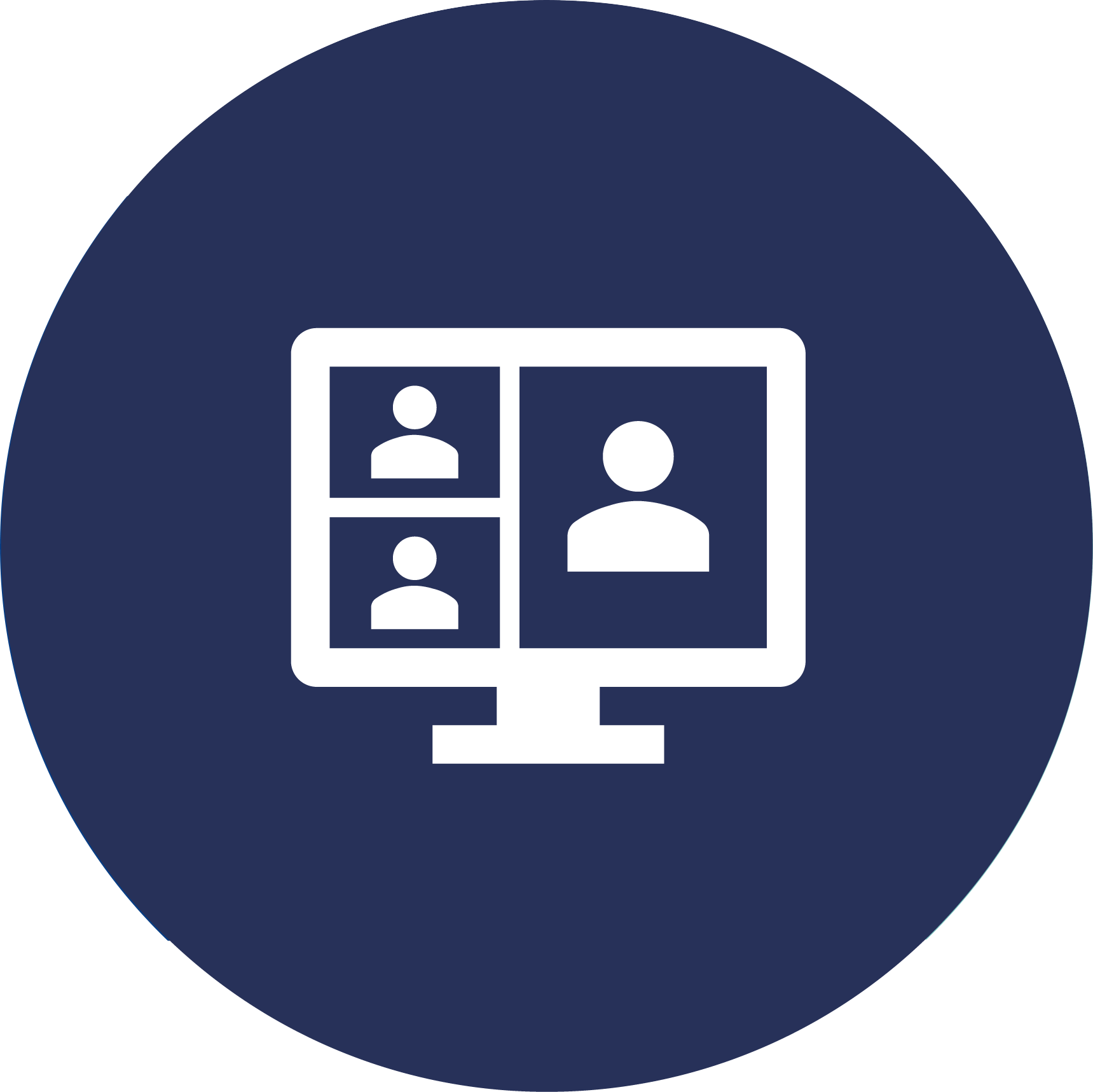 Icono donde se muestra una reunión virtual a través de un computador en fondo azul