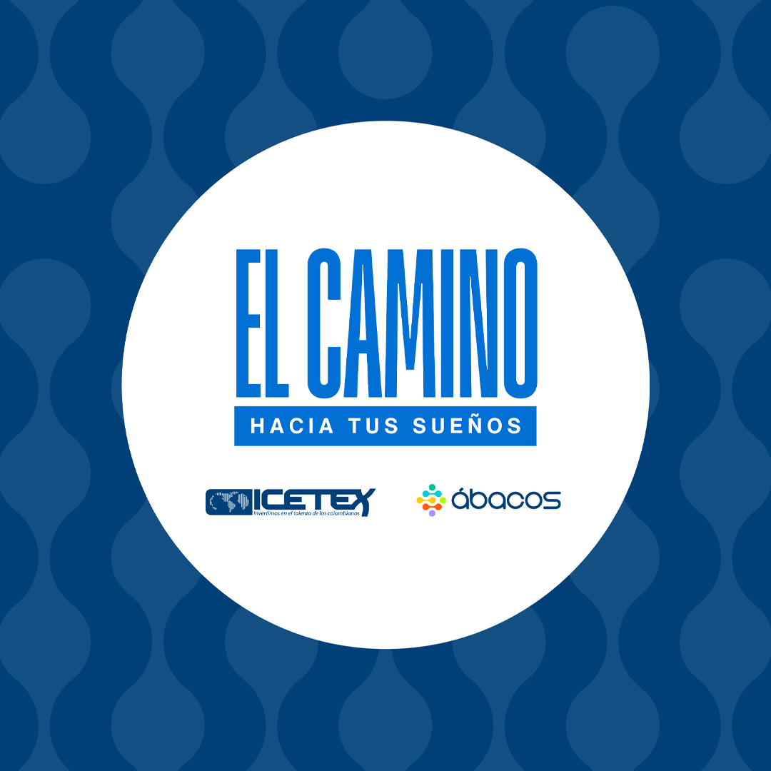 Círculo blanco sobre fondo azul con el texto 'EL CAMINO HACIA TUS SUEÑOS' y los logos de ICETEX