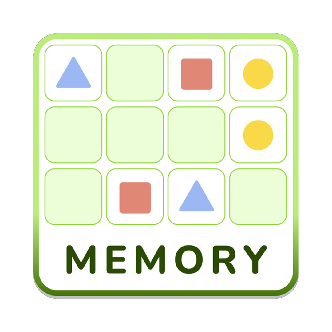Icono cuadrado con una cuadrícula de cartas boca arriba que muestran figuras geométricas y la palabra Memory en la parte inferior