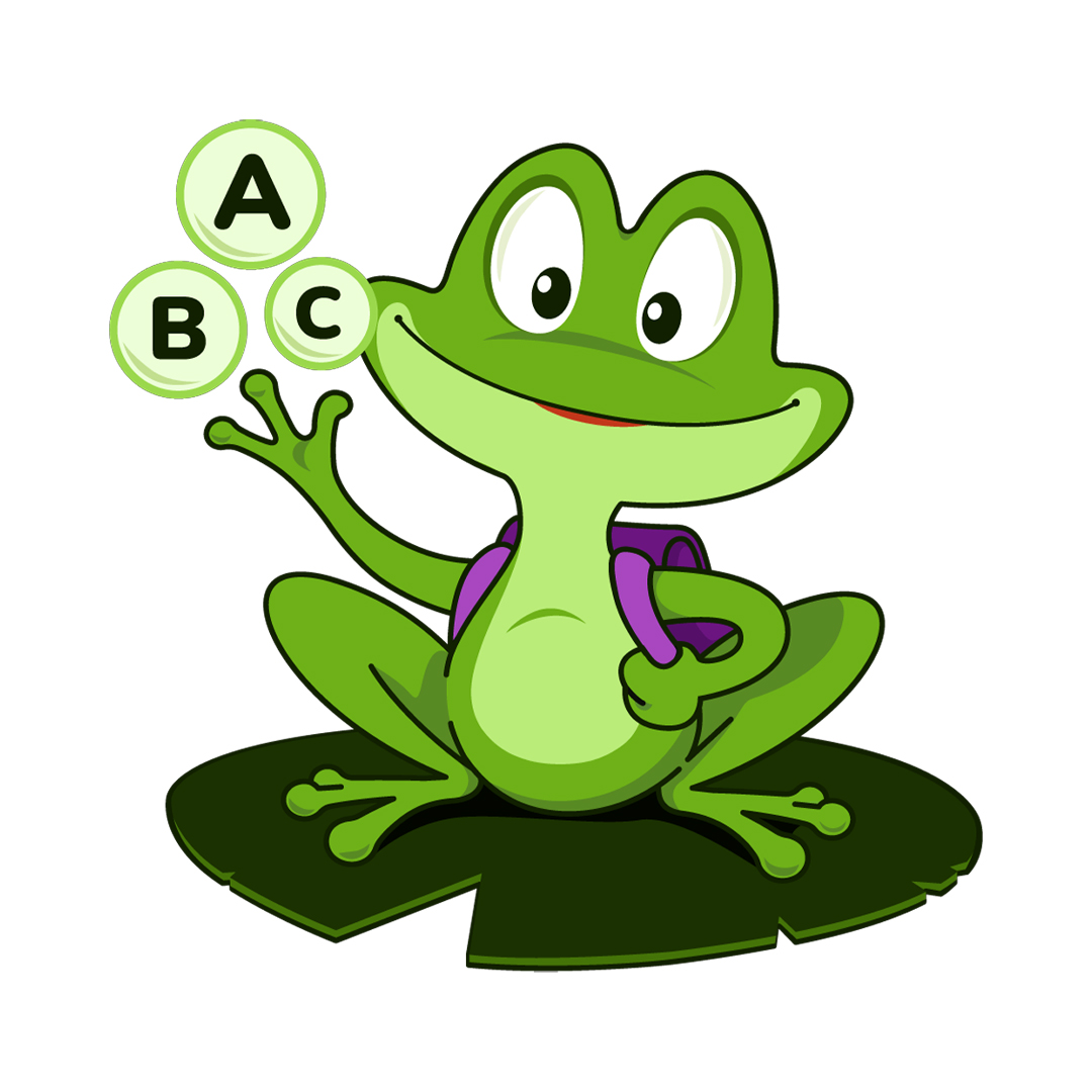 Ilustración de un sapo verde sonriente sentado sobre una hoja de loto mostrando burbujas con las letras A, B y C