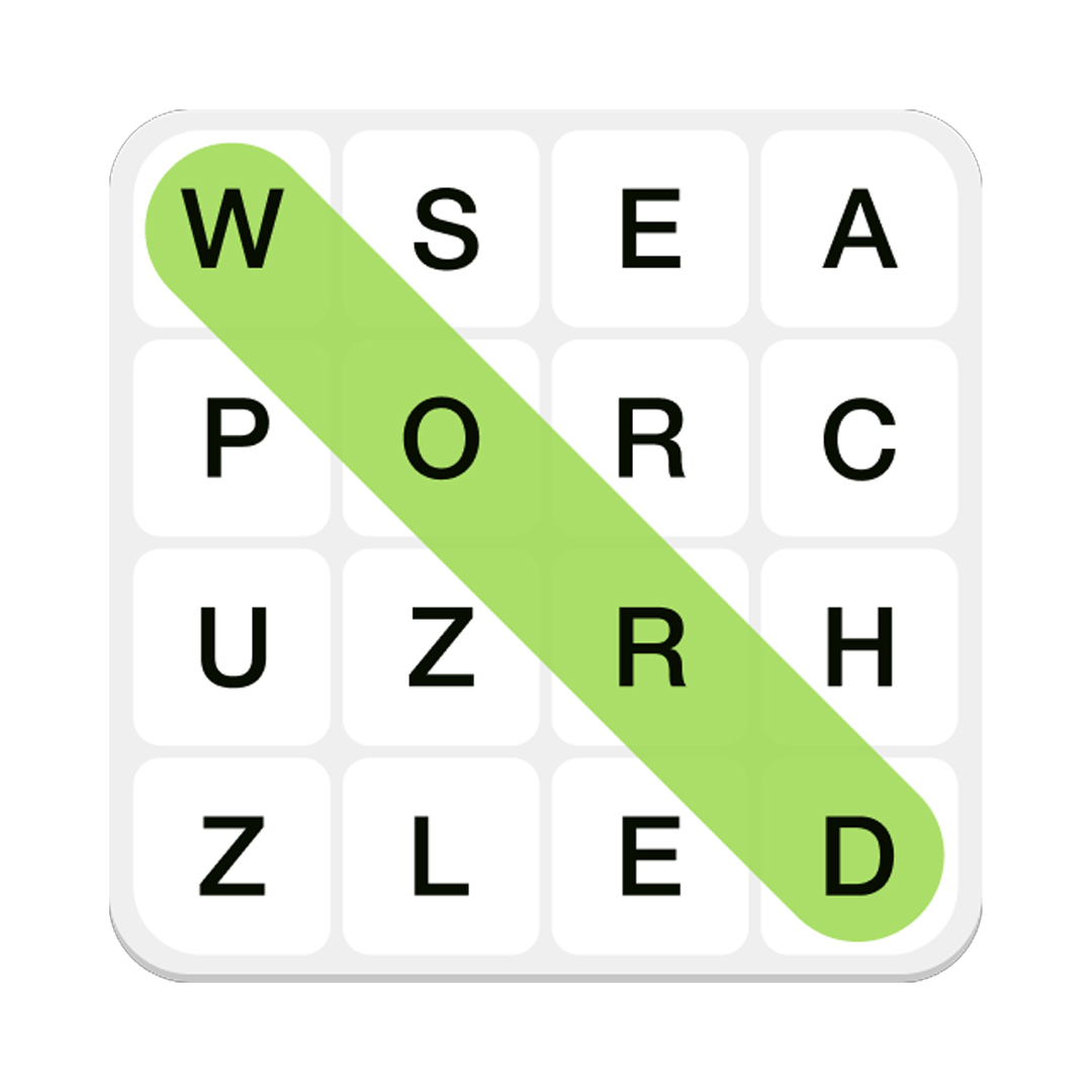 Icono de una cuadrícula con letras negras sobre fondo blanco, donde una franja verde brillante resalta una palabra en diagonal