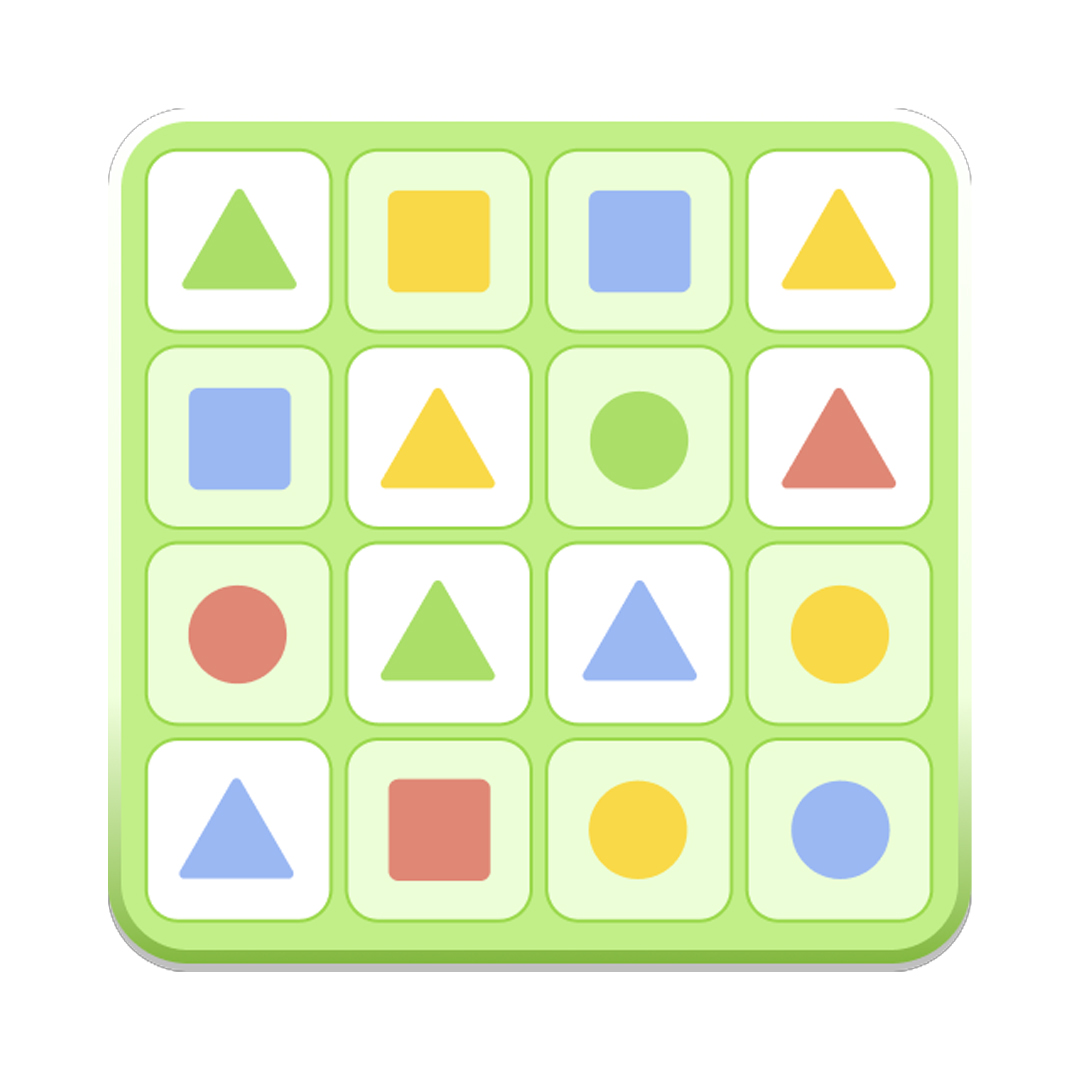 Icono verde claro con una cuadrícula de 4x4 que contiene figuras geométricas de colores como triángulos, cuadrados y círculos