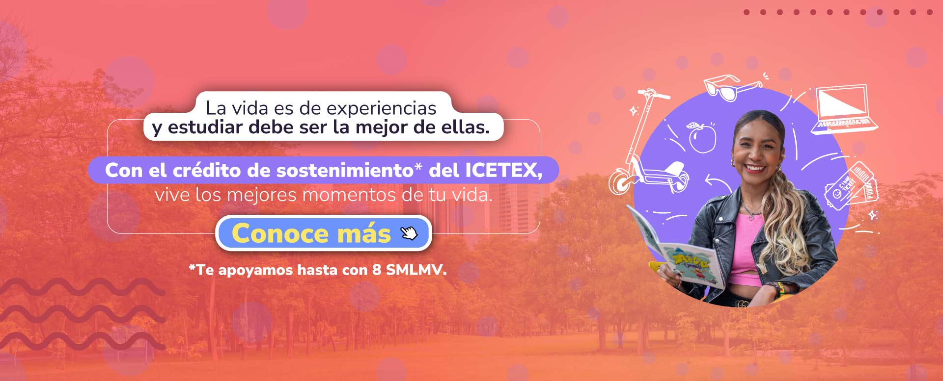 Banner de contenido y estudiante sonriendo con iconos ilustrados de patineta, gafas, manzana, portatil