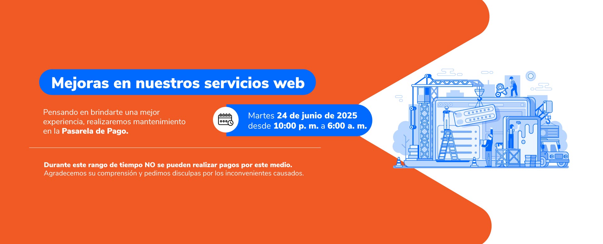 Banner de mantenimiento de pasarela de pagos