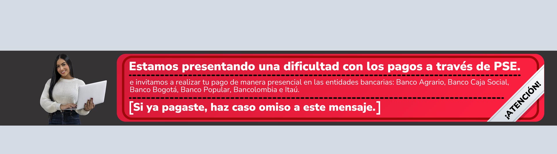 Banner dificultad de pagos por PSE