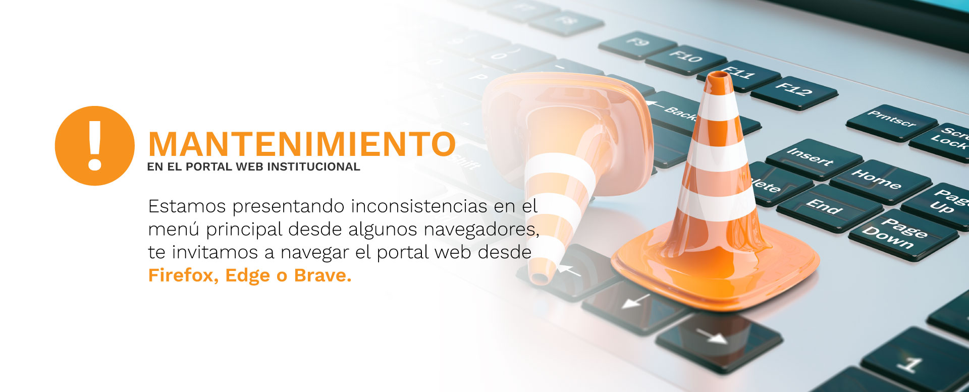 Banner mantenimiento del portal web inconsistencia menú principal