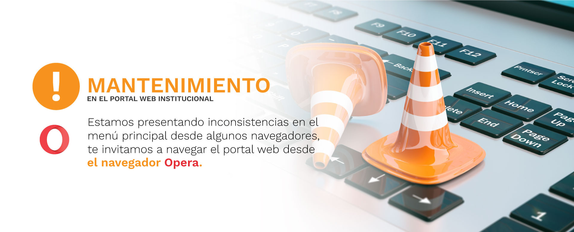 Banner mantenimiento del portal web inconsistencia menú principal