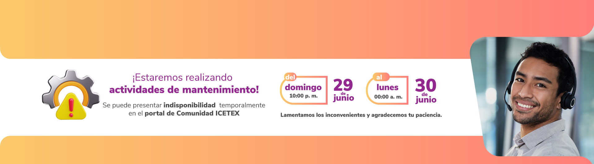 Banner de mantenimiento en el portal de Comunidad ICETEX