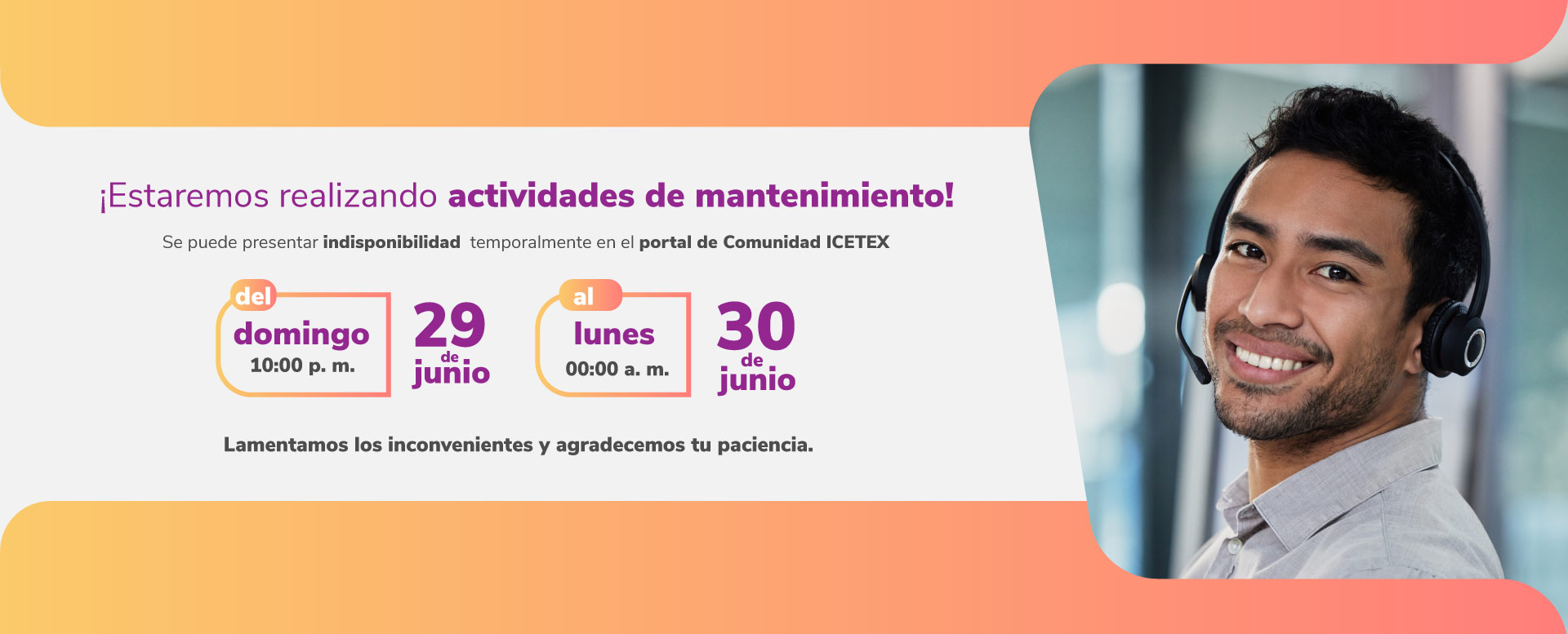 Banner mantenimiento del portal Comunidad ICETEX