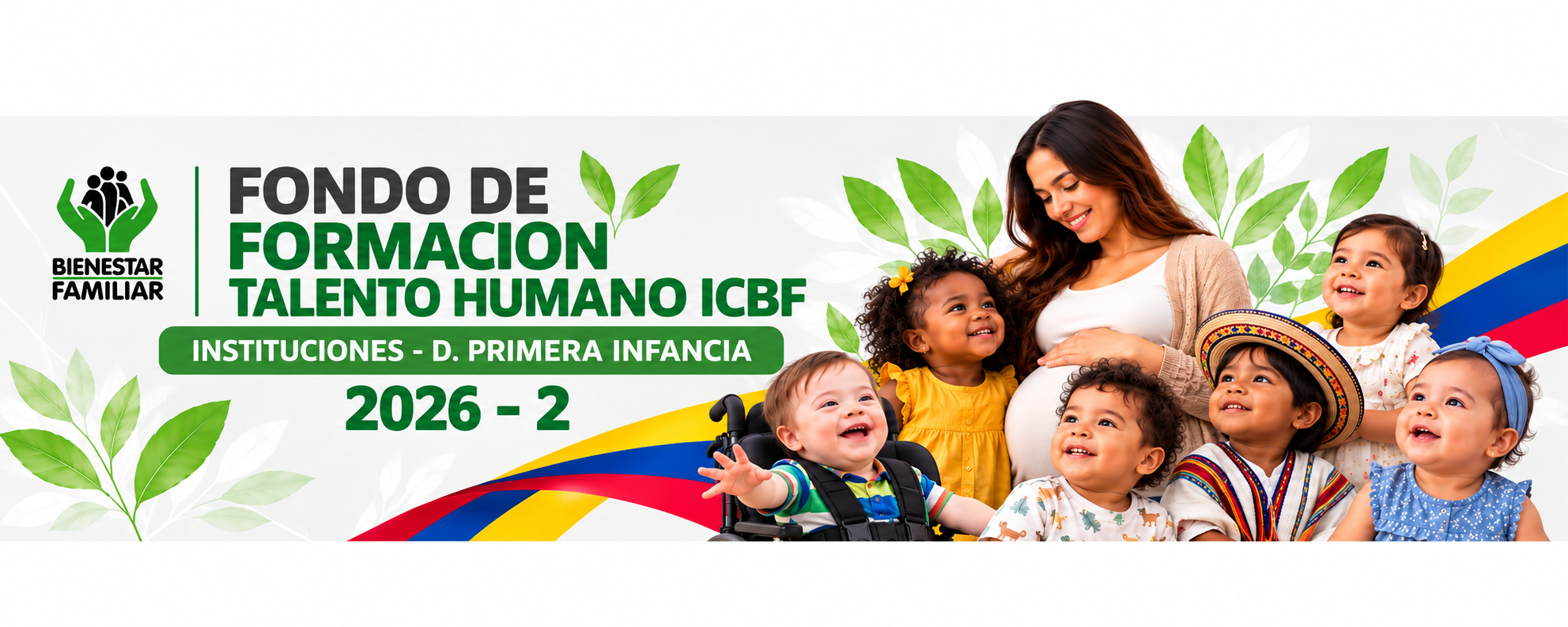 Grupo de niños y niñas sonriendo junto a una cinta con los colores de la bandera de Colombia.