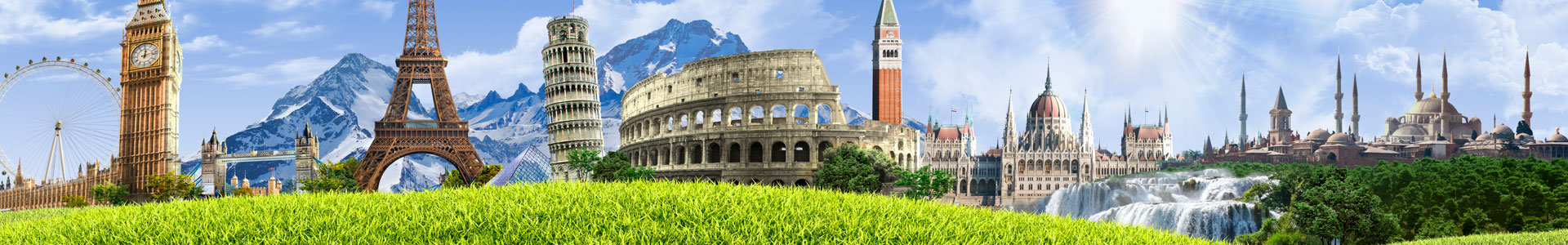 Viaje de verano por Europa - paisaje soleado con famosos monumentos sobre un cielo azul claro.