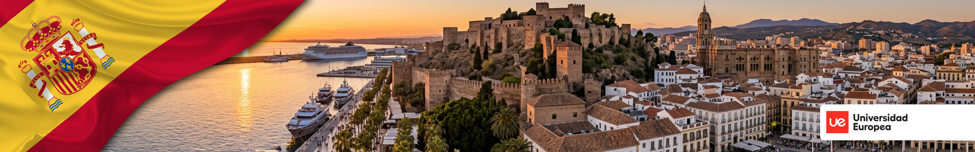 Bandera de España con vista panorámica de Málaga con la Alcazaba, el puerto y el mar Mediterráneo. Logo de la Universidad Europeaal atardecer
