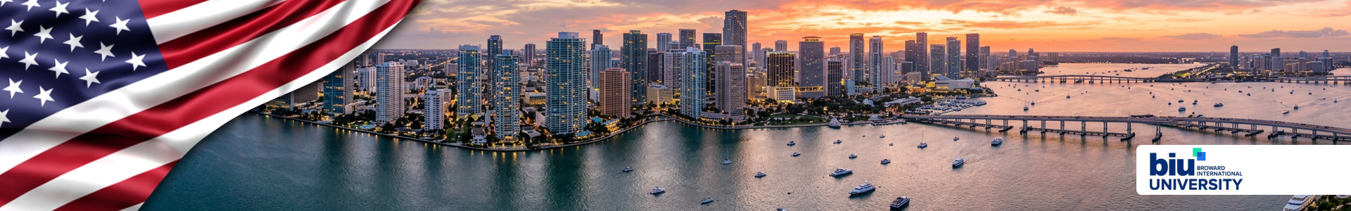 Bandera de Estados Unidos sobre una vista panorámica de Miami al atardecer, con edificios, bahía, embarcaciones y logo de Broward International University