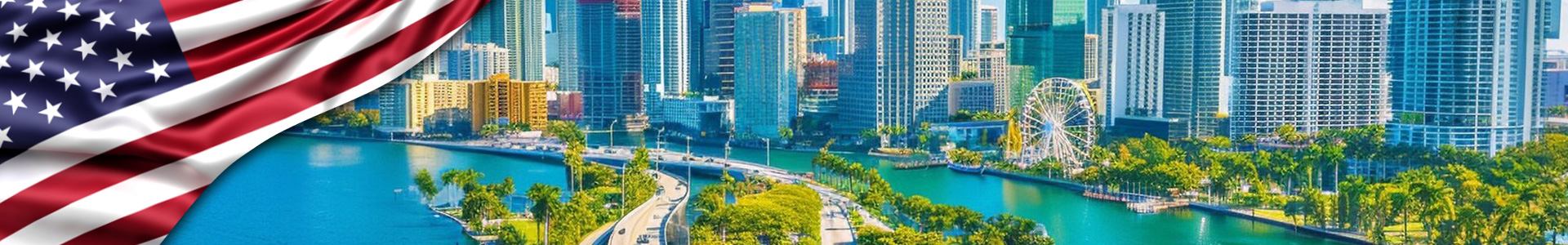 Banner: bandera de Estados Unidos ondeando sobre el paisaje de la bahía de Miami