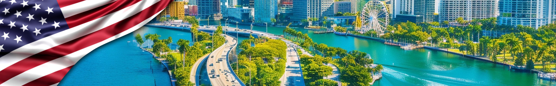 Banner: bandera de Estados Unidos ondeando sobre el paisaje de la bahía de Miami