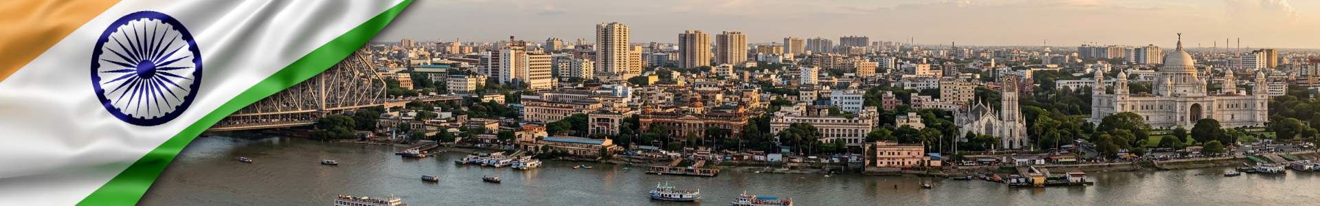 Bandera de India con panorámica de Calcuta, una de las metrópolis más importantes de la India. 