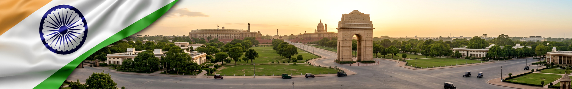 Bandera de India con panorámica de Nueva Delhi, capital federal y sede de los poderes ejecutivo, legislativo y judicial.