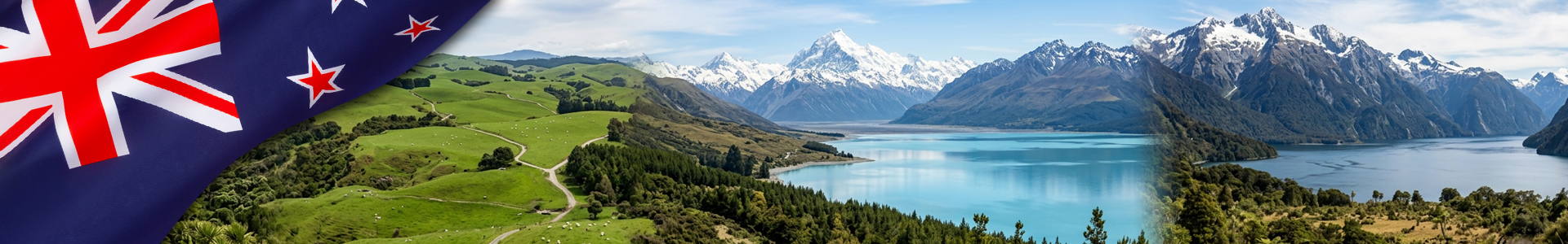 Bandera de Nueva Zelanda y composición panorámica que combina tres de los paisajes naturales más representativos e icónicos del país.