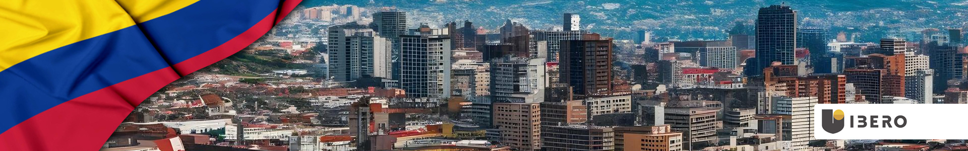 Bandera de Colombia ondeando con vista de edificios y panorámica de Bogotá