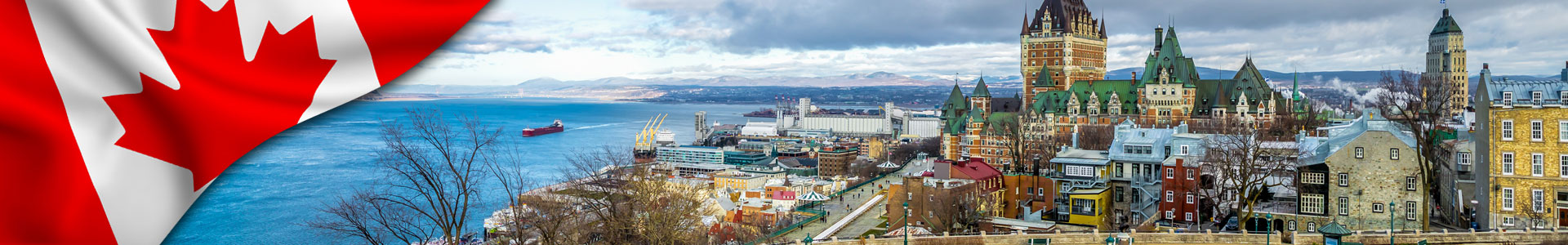 Bandera de Canadá con foto de paisaje de Quebec