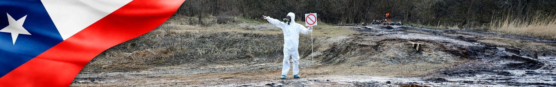 Bandera de chile con foto de científico que explora el área de emisión del territorio hombre de agua contaminada con traje protector