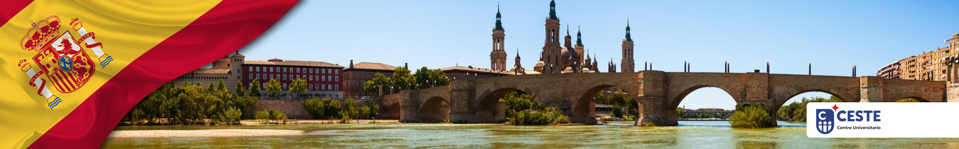 Bandera de España con vista panorámica del río Ebro en Zaragoza y logo de CESTE