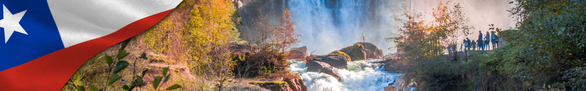Bandera de Chile con día otoñal en las Cataratas Salto del Laja en la parte central de Chile