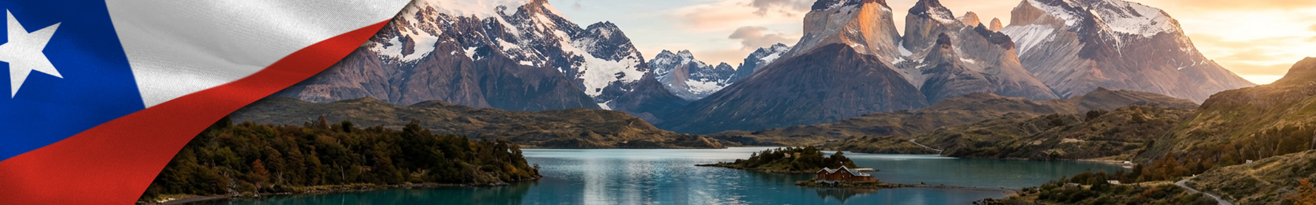 Bandera de Chile sobre panorámica de la Patagonia chilena con lagos y montañas