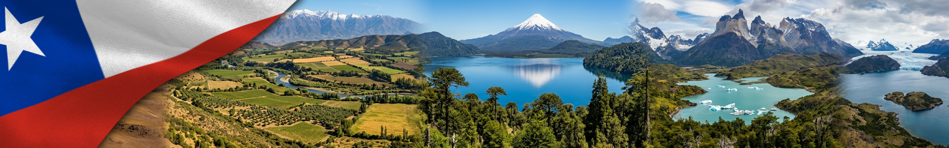 Bandera de Chile con diferentes paisajes montañosos, rios y Patagonia chilena.