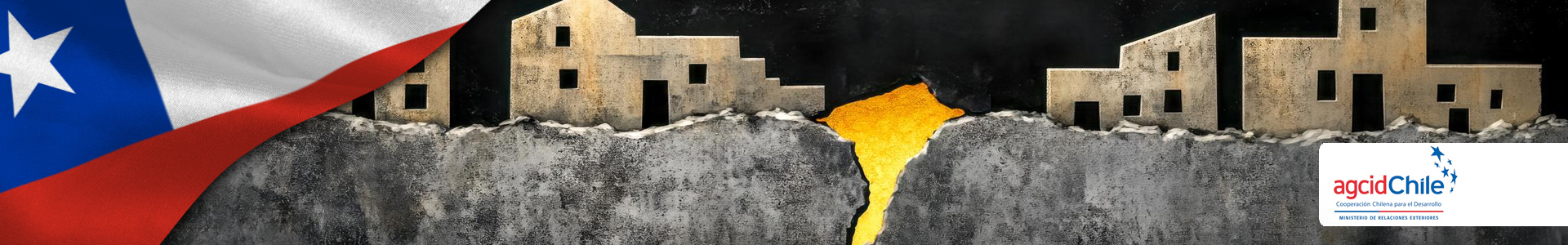 Bandera de Chile con sismo y edificios y logo de AGCID