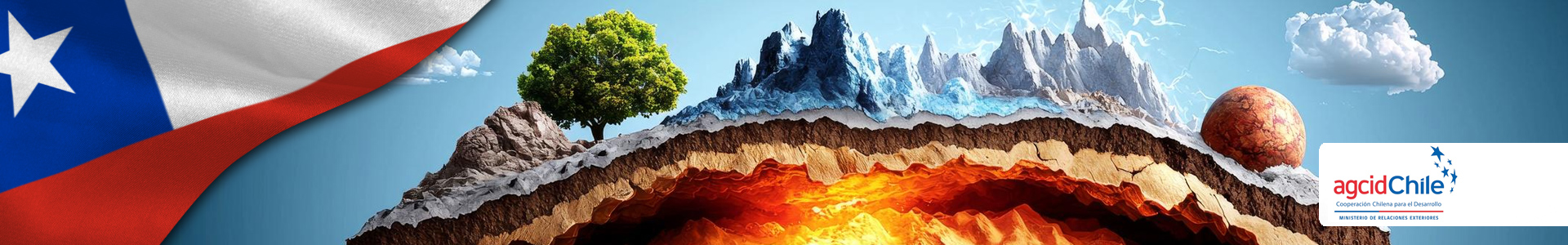 Bandera de Chile con capas geológicas de la Tierra y logo de AGCID