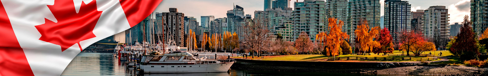 Bandera de Canadá con foto de barcos estacionados cerca del puerto de carbón en Vancouver