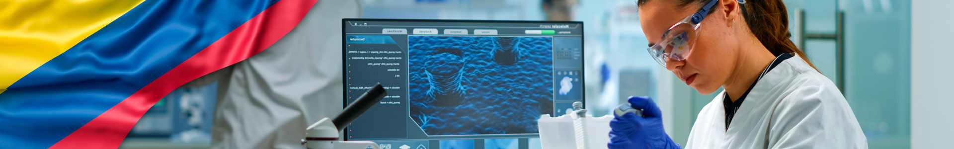 Bandera de Colombia con foto de mujer científica en moderno laboratorio médico equipado que examina el descubrimiento de fármacos con micropipetas