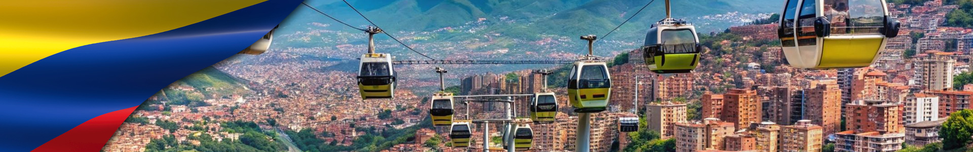 Banner: bandera ondeando de Colombia con paisaje y teleféricos de la ciudad Medellín