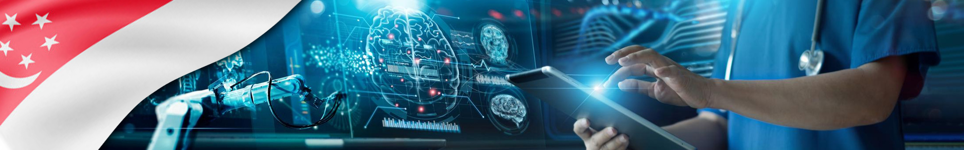 Bandera de Singapur con investigación médica y robótica para diagnóstico y transformación digital en salud