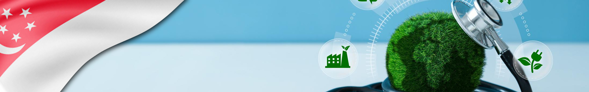 Bandera de Singapur con planeta verde y estetoscopio simbolizando cuidado ambiental