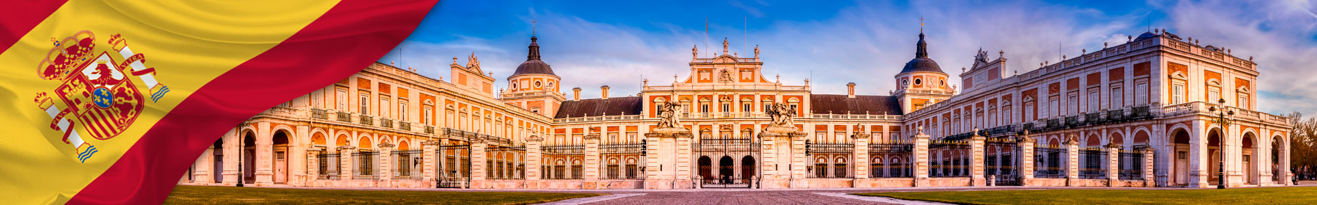 Bandera de España y foto de Palacio Real de Aranjuez, Madrid, España.