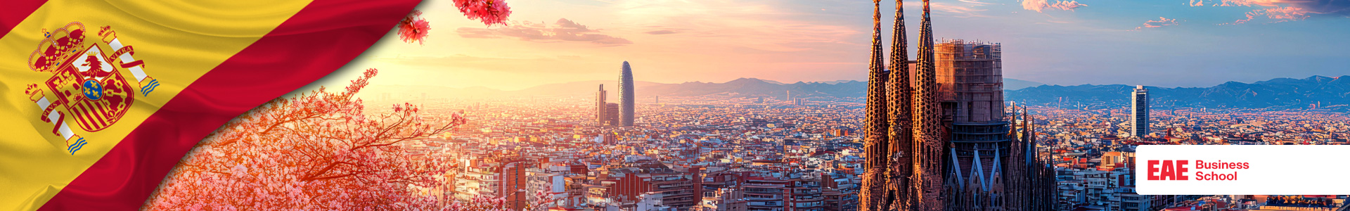 Banner: bandera ondeando de España con foto de amanecer de Barcelona y la Sagrada Familia