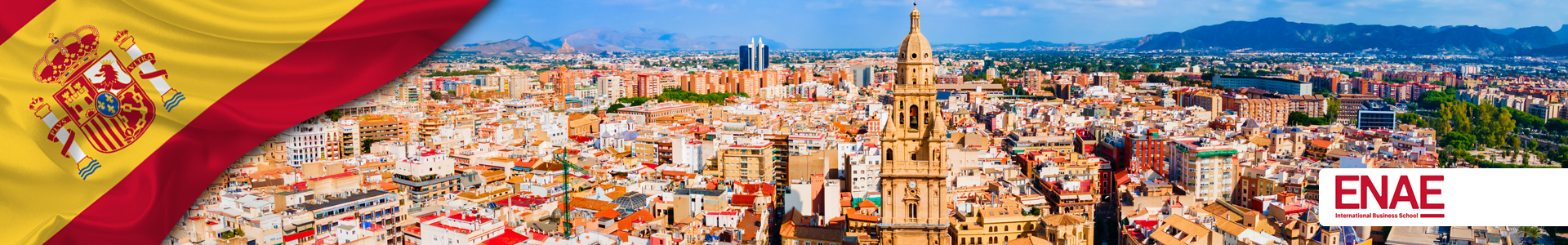 Bandera de España con vista panorámica aérea de la Catedral de Santa María de Murcia y logotipo de la Universidad ENAE.
