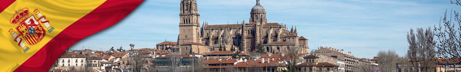 Bandera de España con vista del horizonte de Salamanca con catedral - Salamanca, Castilla y León, España