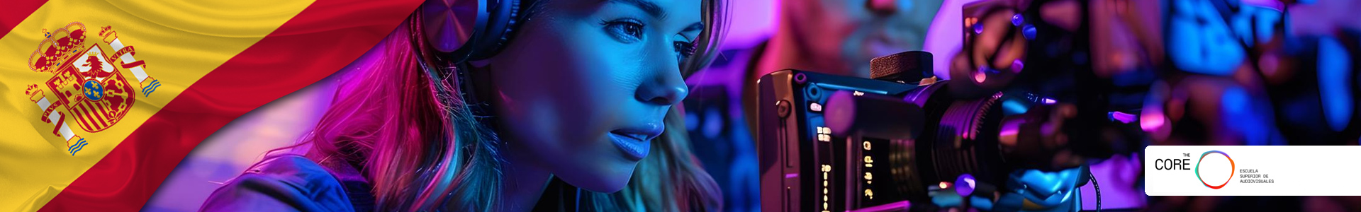 Bandera de España con estudiantes audiovisuales y logo The Core Entertainment School