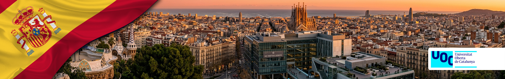 Bandera de España, con vista panorámica de Barcelona al atardecer con la Sagrada Familia, edificios y logo de la Universidad Oberta Catalunya