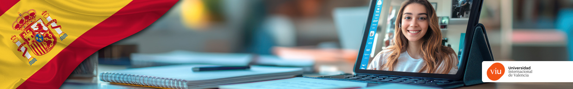 Bandera de España, logo Universidad de Valencia y mujer en videollamada en tableta