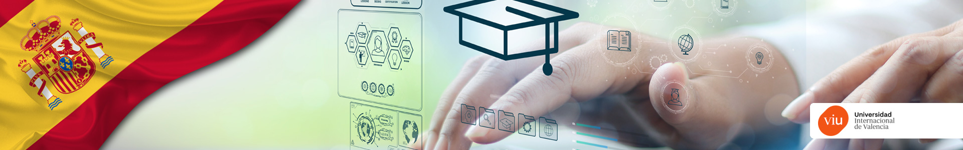 Bandera de España, logo de la Universidad de Valencia y manos en computador con iconos de estudio y grado