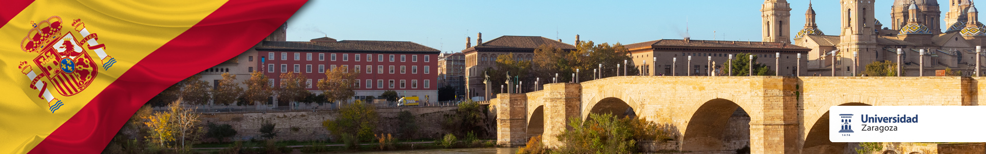 Bandera de España, Puente de Piedra y Basílica del Pilar en Zaragoza, y logo de la Universidad de Zaragoza