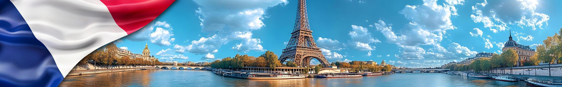 Bandera de Francia y panorámica de la Torre Eiffel a lo largo del río Sena